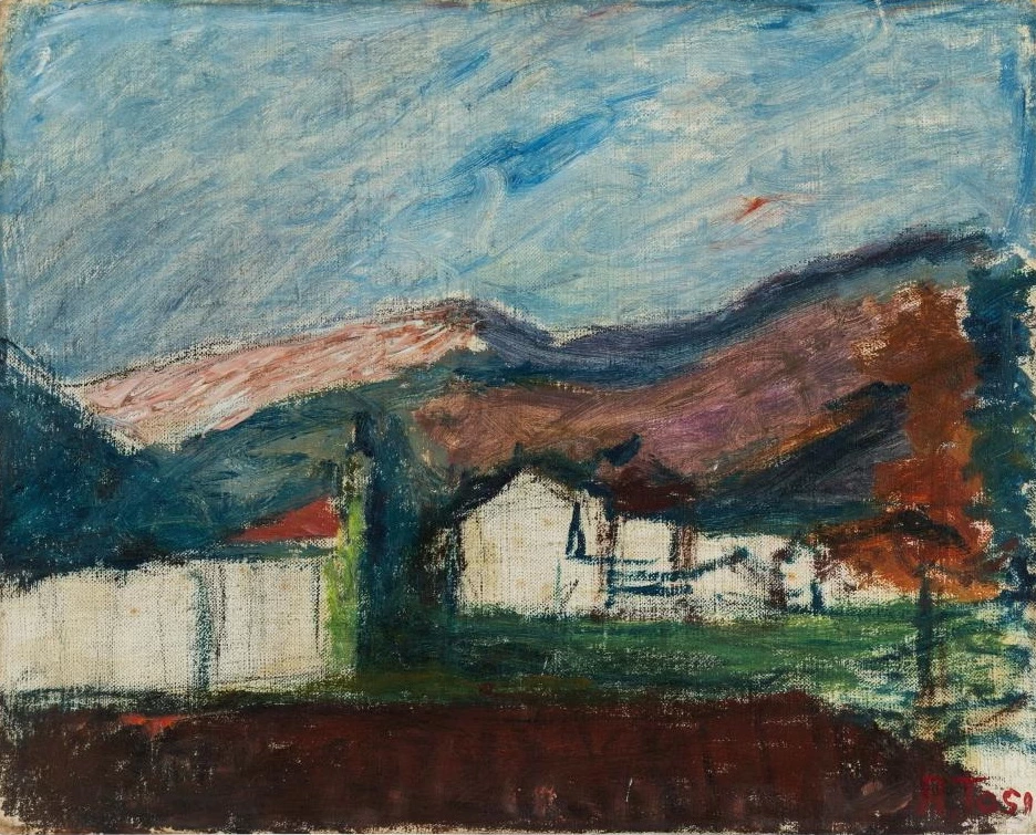 Paesaggio con albero rosso